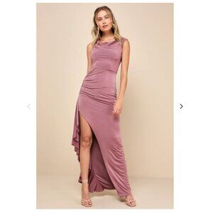 Mauve Slinky Knit Cowl Neck Ruffled Maxi Dress Lulus